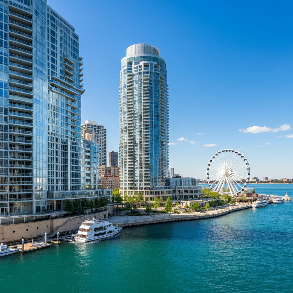 Streeterville's contemporary waterfront with the distinctive Navy Pier Ferris wheel visible in the background. Modern glass residential towers rise along the shoreline with landscaped terraces and boat slips, showcasing the neighborhood's blend of recreational amenities and luxury living that attracts competitive offers from both local and international buyers.