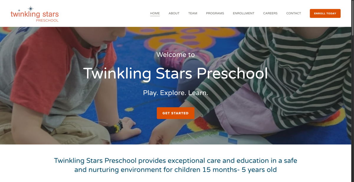 Screenshot of Twinkling Stars Preschool, from the childcare & daycare websites collection.