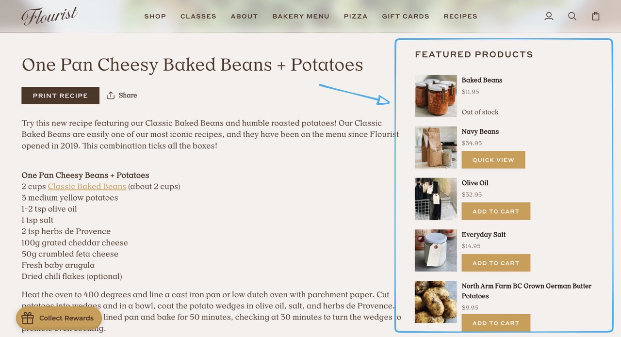 A "Featured Products" section that has all the products of the Flourist store used in the recipe.