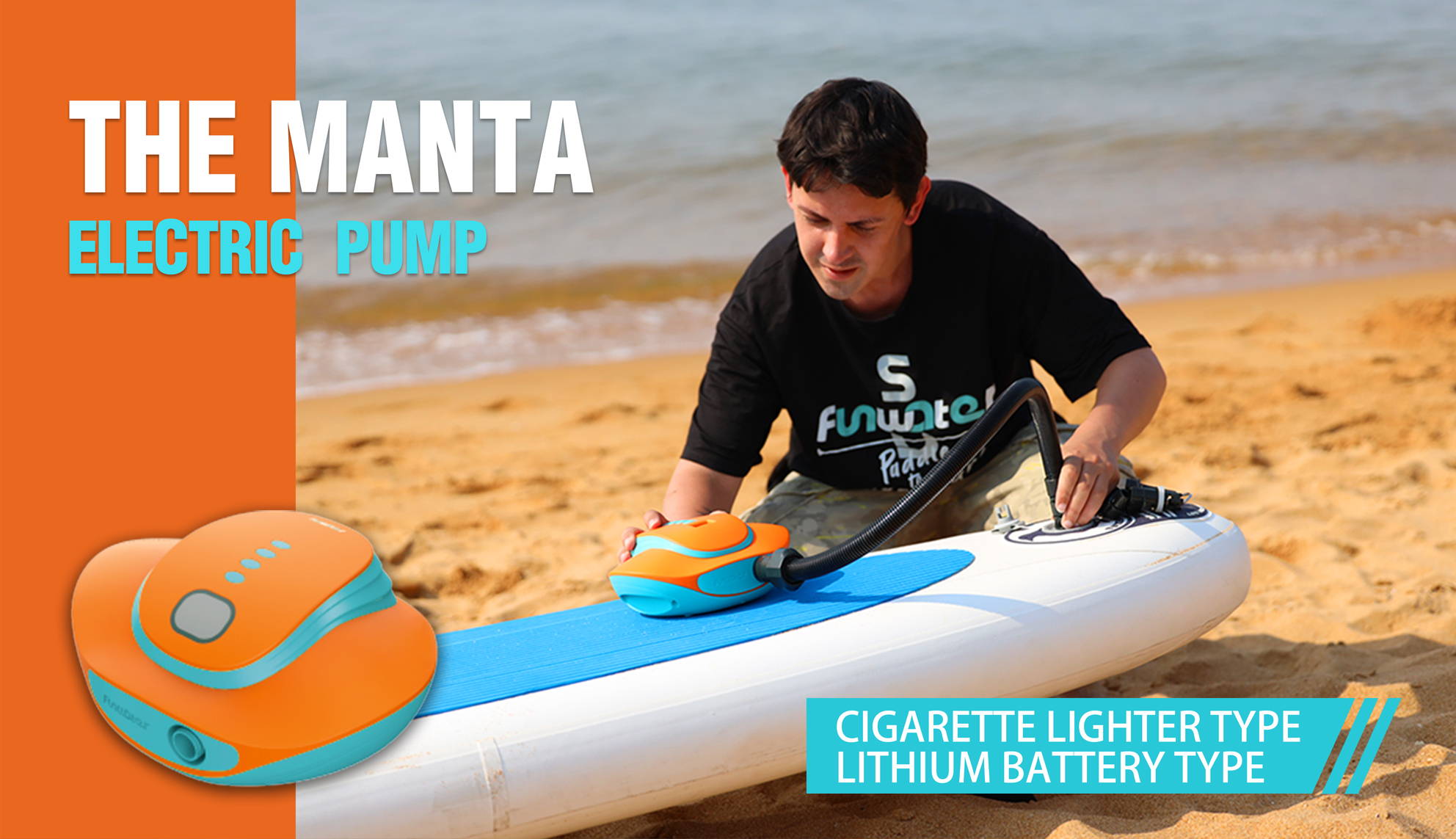 A man uses this electric pump to inflate his paddleboard