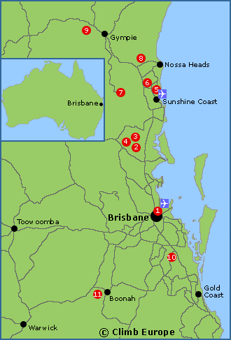 Map of the rock climbing areas around Brisbane in Queensland