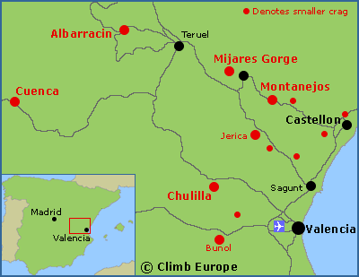 Map of the rock climbing areas around Valencia