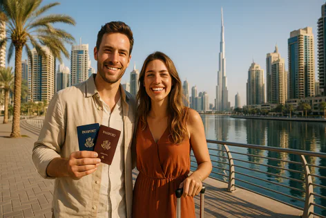 Happy couple smiling and holding passports with the Dubai skyline, Burj Khalifa, and a river in the background.
