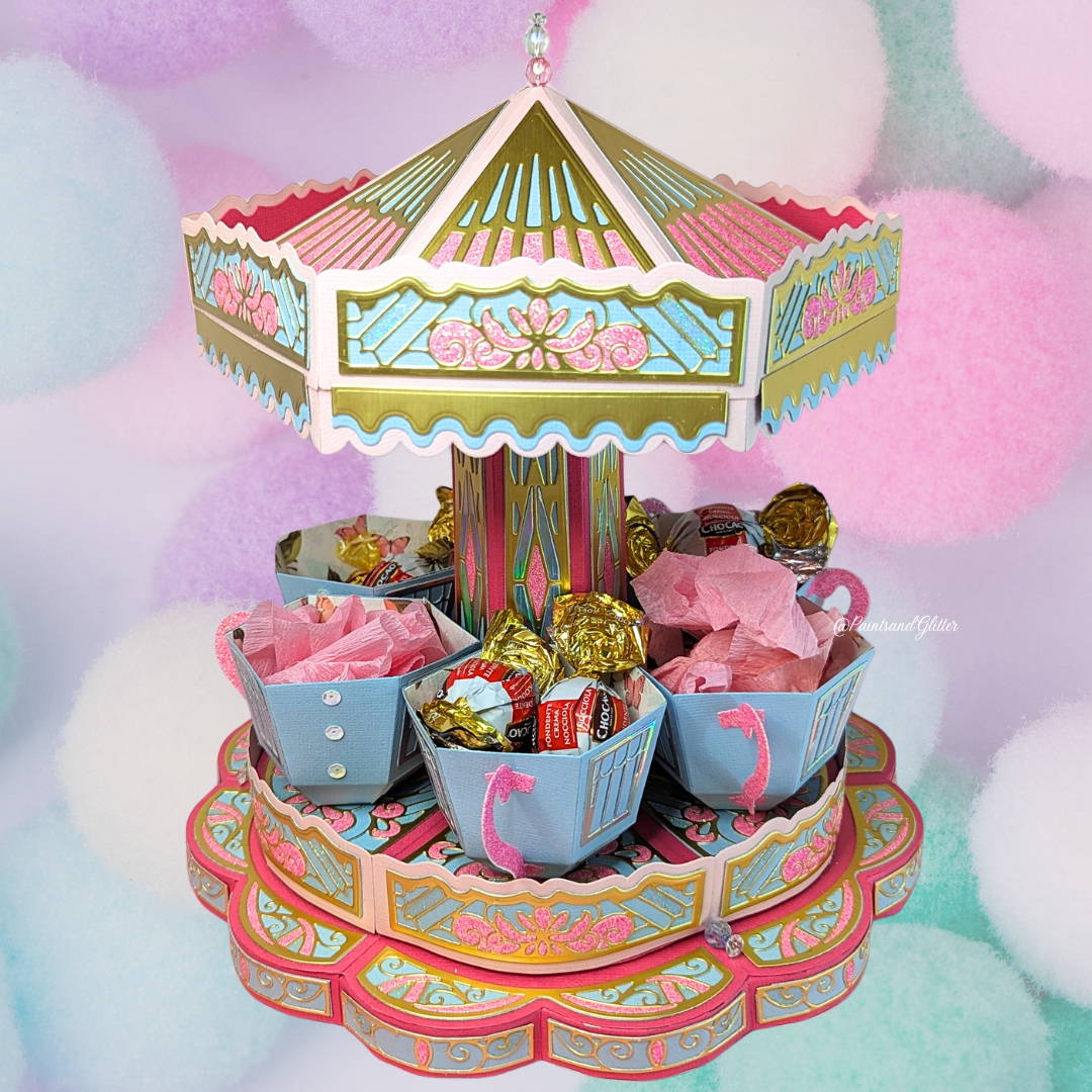 Paper crafted Twirling Tea Cups With Sweet Treats Displayed In The Cups