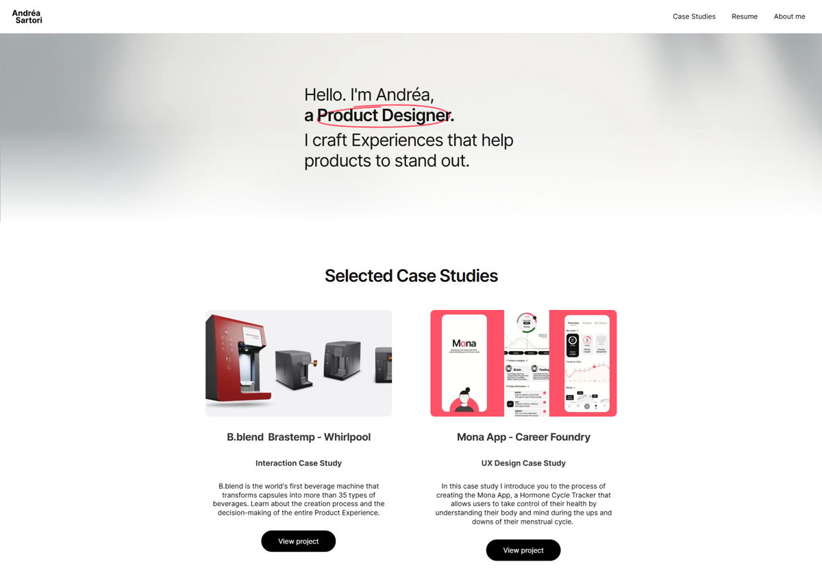 Screenshot of Andréa Sartori, from the product designer portfolios collection.
