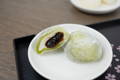 DIsh of Japanese Matcha Mochi with red bean paste