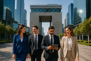 Four business people in suits walking and smiling outside modern office buildings in a city. One man is checking a tablet. This group appears happy.