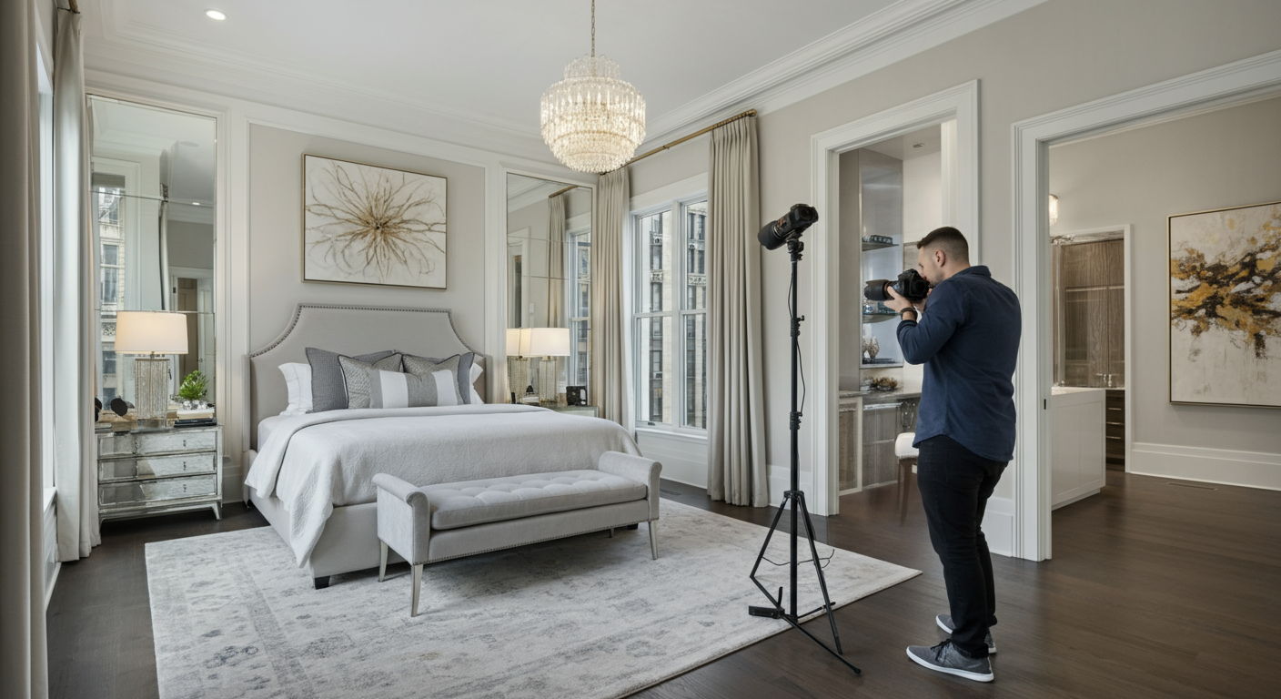A professional photographer capturing wide-angle shots of a staged master bedroom in a Gold Coast residence, using specialized equipment to showcase the room's proportions, natural light, and premium finishes—representing the critical first step in marketing a luxury property.