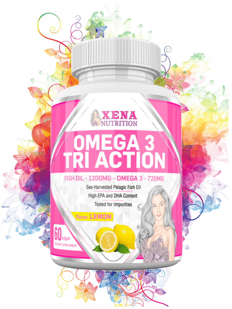 Omega 3 Tri Action Xena Nutrition Supplements for Women US DHA EPA Free Shipping Natural Fish Oil Omega three Made in US background