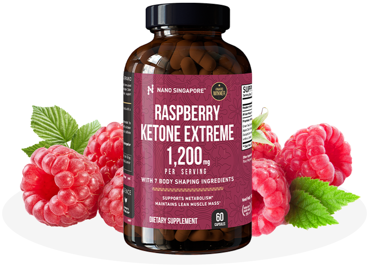 A bottle of our Slimming Pills Supplement surrounded by raspberries