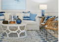 Living room with natural and blue wool rug
