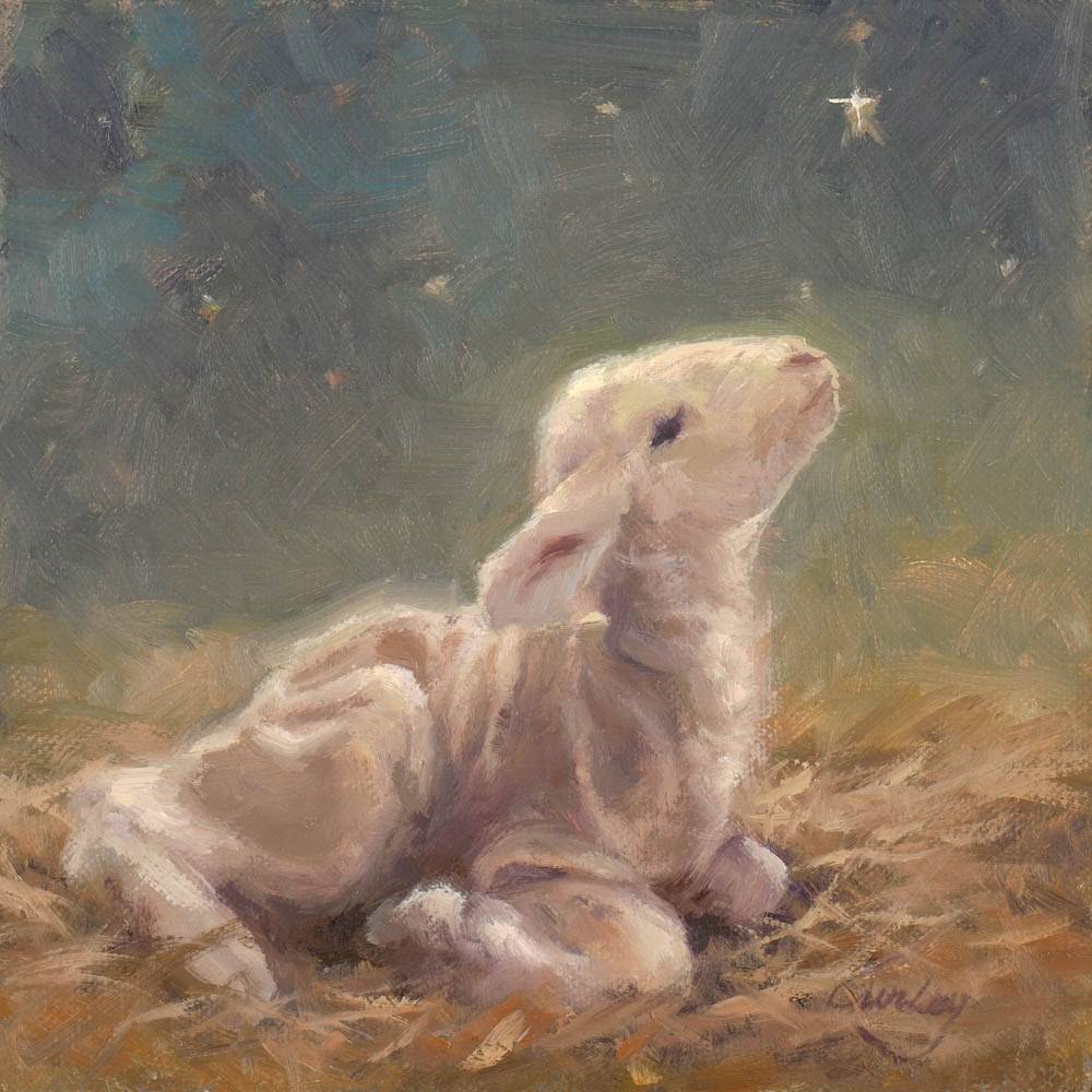 Painting of a small lamb looking up toward the stars.