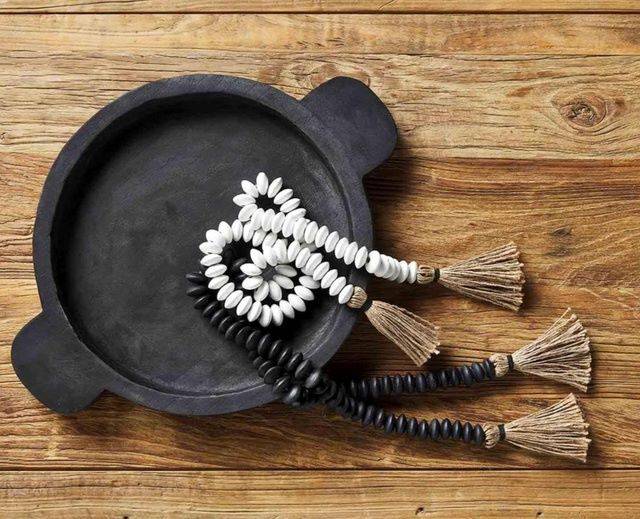 Black and White Beads with Jute Tassel and Black Handled Tray