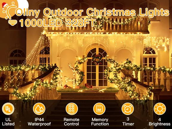 Features of Ollny's 800 leds clear cable cool white string lights - mobile size