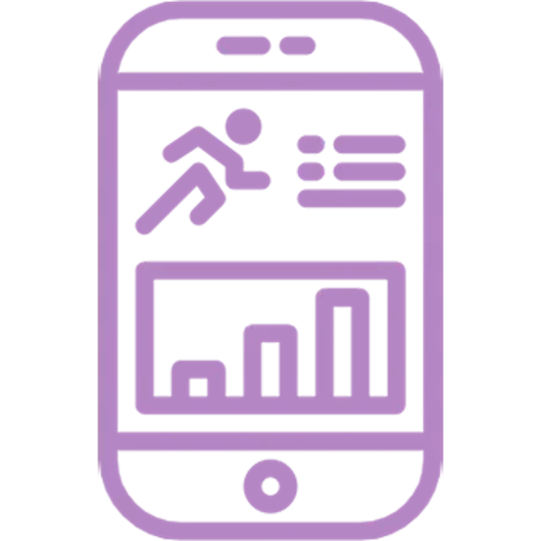 Runner icon on smartphone screen showing a sprint figure and a bar chart.