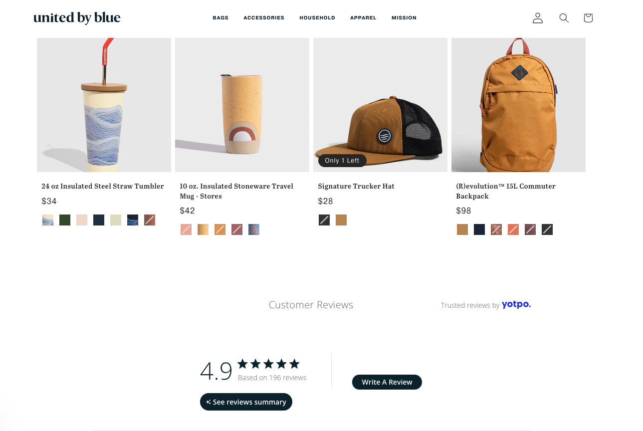 unitedbyblue displays ratings in product page