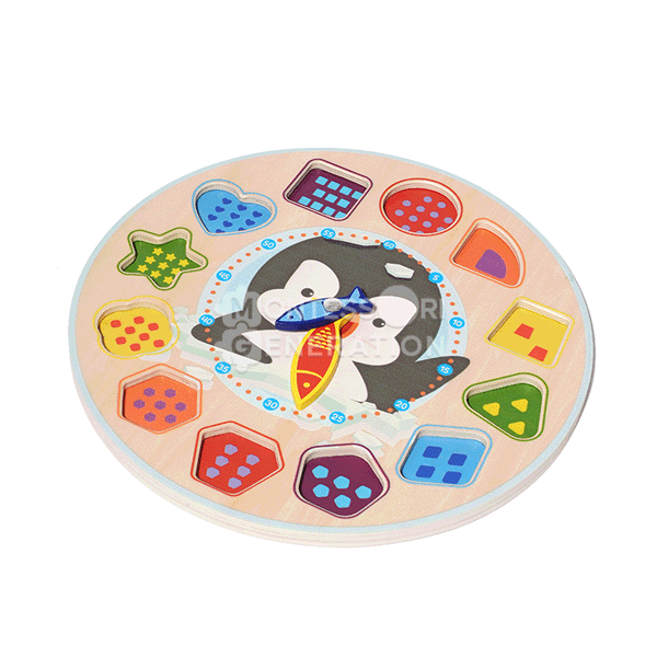Colorful children's clock with a penguin illustration in the middle, colorful numbers, and a wooden base. 