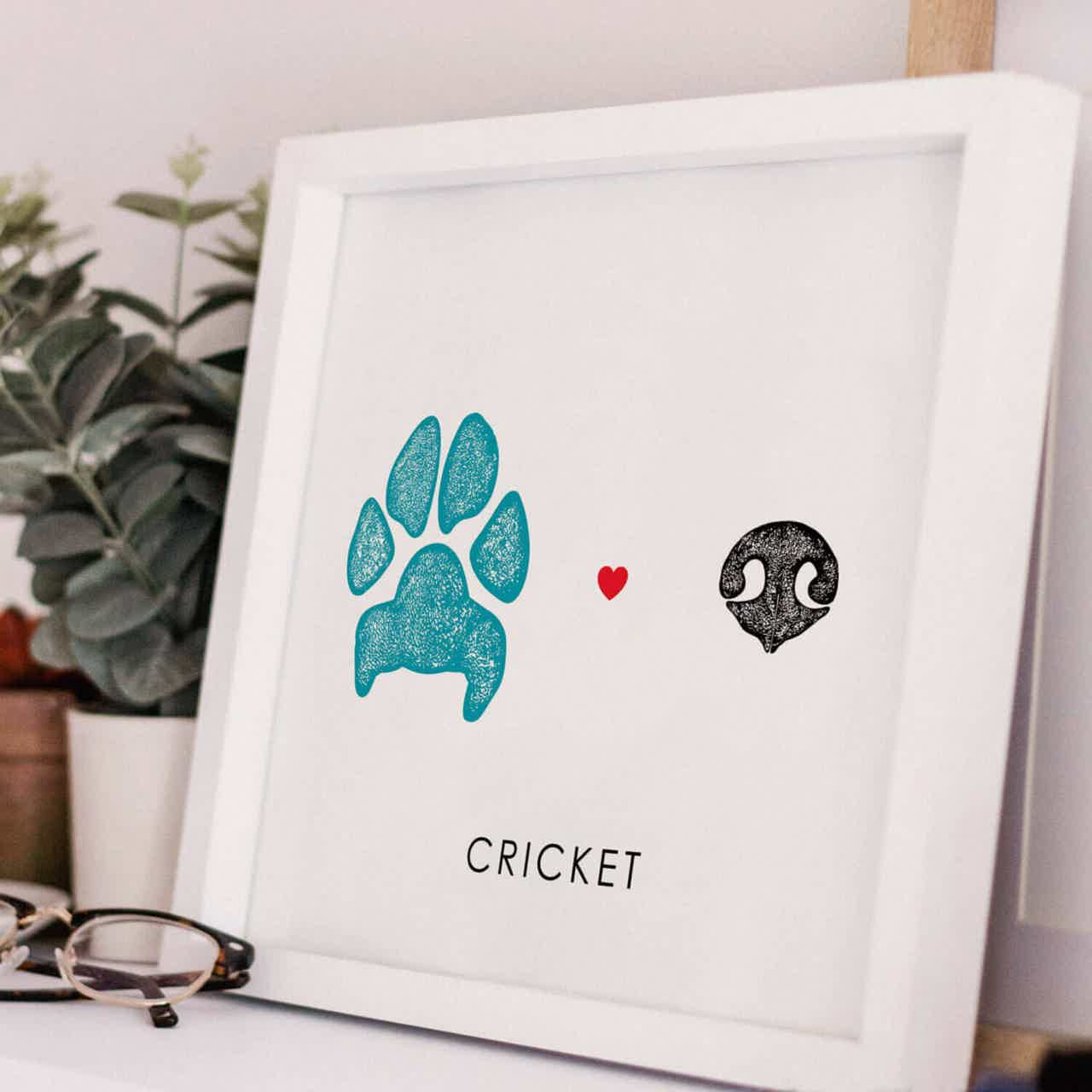 Dog Paw and nose print on display in white frame