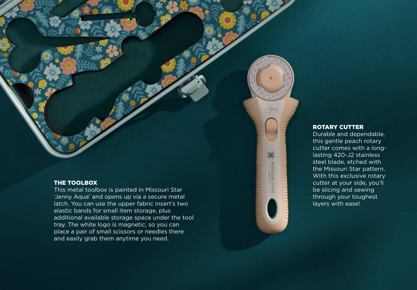 learn more about the rotay cutter and metal toolbox from Jenny's signature quilting toolbox here.
