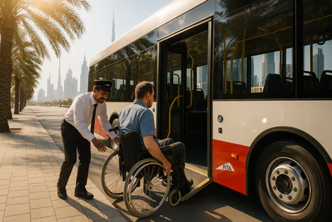 Bus driver in uniform assisting a man in a wheelchair as he boards a city bus using an accessible ramp. Dubai skyline.
