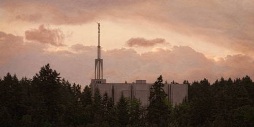 Panoramic picture of the Seattle LDS Temple surrounded by forest trees and purple clouds.