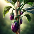 AI generated picture of aubergine fruits being supported by canes and string