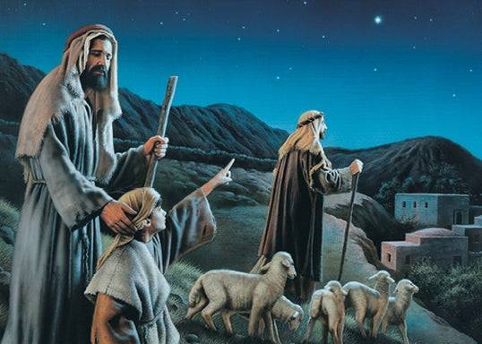 Shephereds following the Christmas star into Bethlehem.