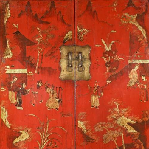 Gilt red lacquer detail from a Chinese antique wedding cabinet from Shanxi province