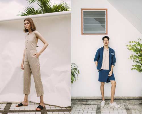 woman wearing hand woven cotton sustainable button up sleeveless jumpsuit with leather sandals and man wearing indigo deconstructed blazer with cream shirt and indigo shorts from Seeker x Retriever