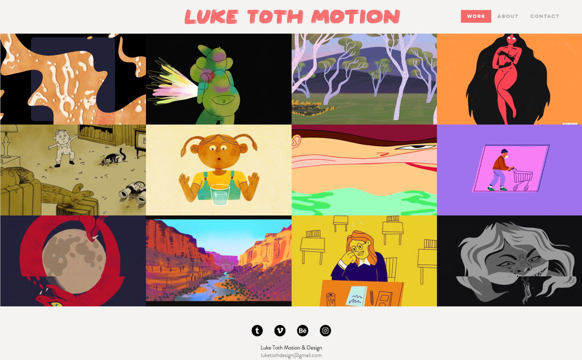 Screenshot of Luke Toth, from the wix artist website examples collection.