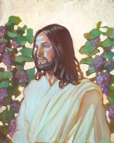 Painting of Jesus standing amid full grape vines with a somber expression on His face.