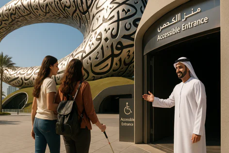 Accessibility at Dubai Museum of the Future: Emirati guide gestures towards the accessible entrance as two women, one using a white cane, approach.