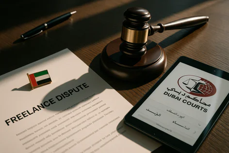 A gavel, UAE flag pin, and tablet displaying the Dubai Courts logo on a table near a document titled "FREELANCE DISPUTE".