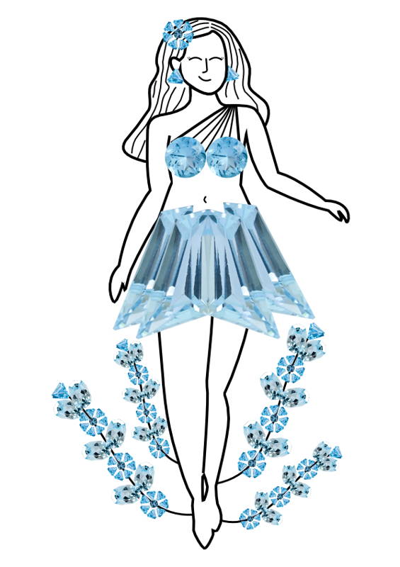 An illustration of a woman wearing blue topaz stones