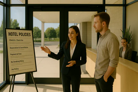 Female hotel employee shows a man a sign listing hotel policies including check-in, reservation, payment, smoking, and pet rules in the lobby.