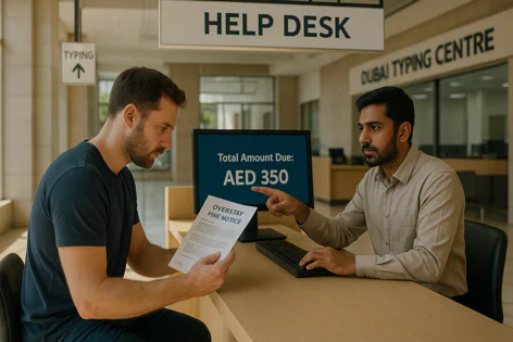 A man at a help desk holds an overstay fine notice while an employee points to a screen showing a total amount due of AED 350.