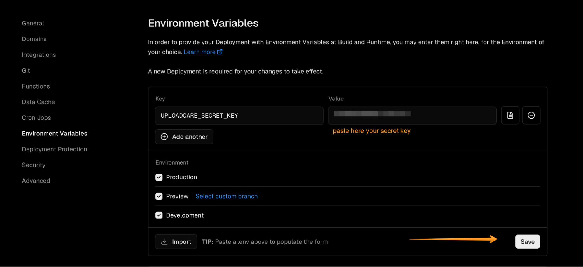 Adding the Uploadcare secret key as a Vercel environment variable