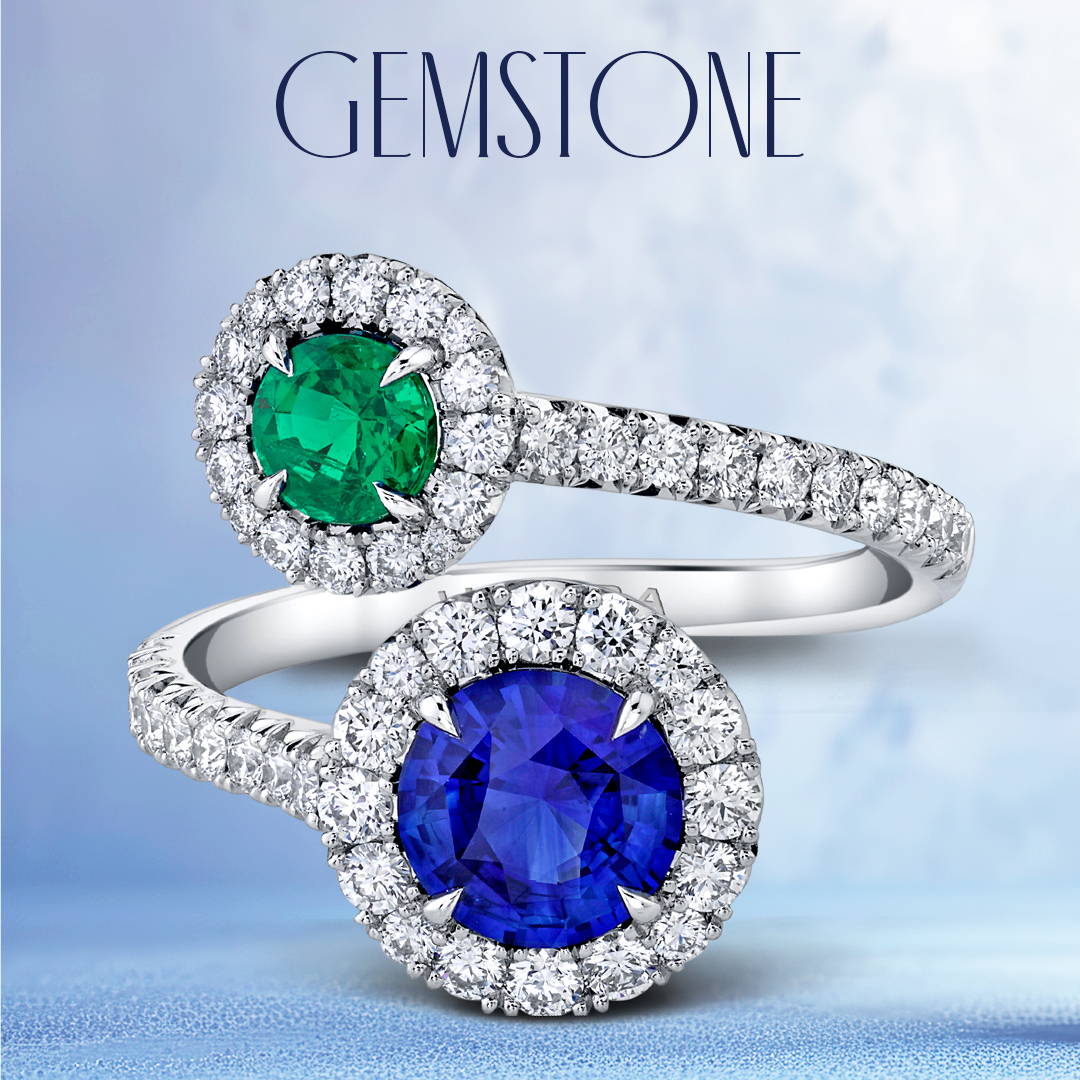 sapphire, diamond and emerald bypass / embrace ring