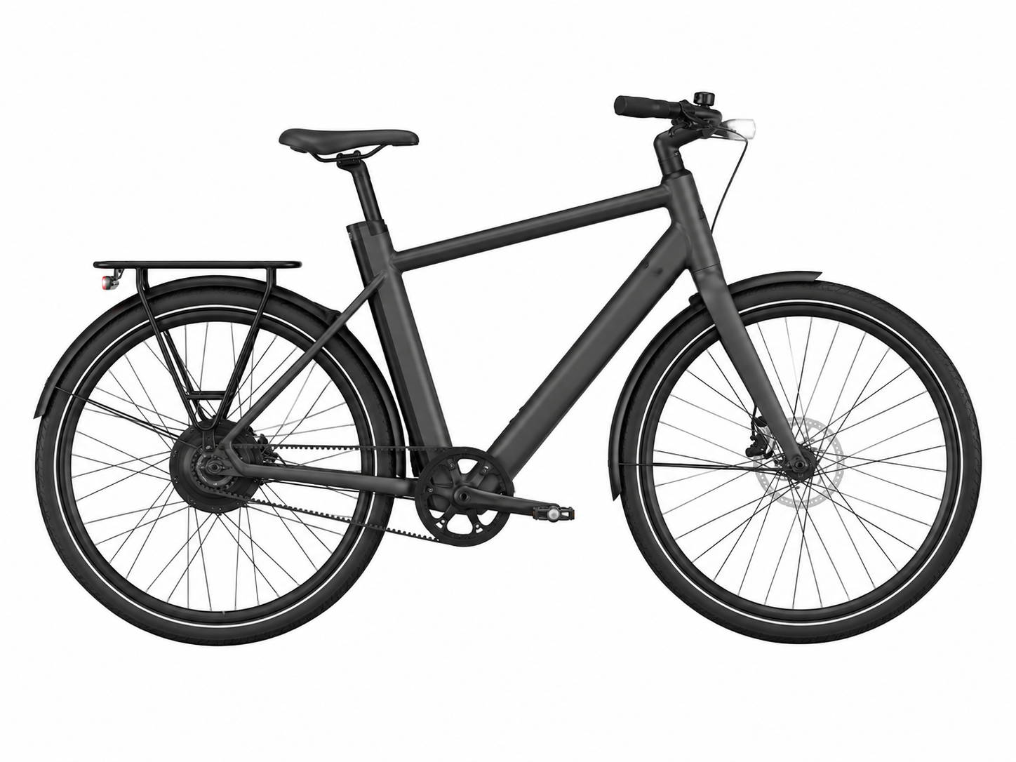 Crivit Urban 3.0 X Belt e-bike met diamantframe, riemaandrijving, achterdrager en spatborden op witte achtergrond.