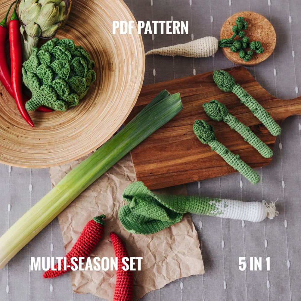 Amigurumi Food Crochet Pattern: Artichoke, Leek, Chili Pepper, Parsnip, Asparagus. Crochet Tutorial Amigurumi Pattern Pretend Play