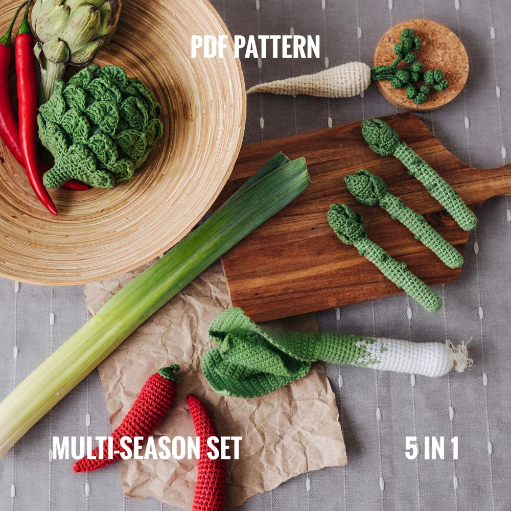 Amigurumi Food Haakpatroon: Artisjok, Prei, Chilipeper, Pastinaak, Asperges. Haak Tutorial Amigurumi Patroon Pretend Play