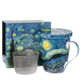 Vincent van Gogh Starry Night Tea Mug, 15.2 oz (450 ml) fine bone china, front view, handle right with stainless steel infuser, lid and gift box. 