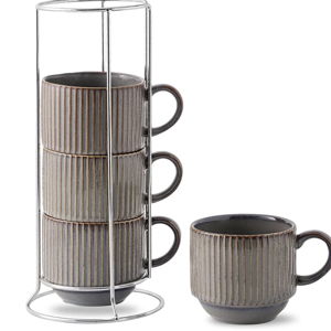 Hasense Porcealin Coffee Mugs, Stackable Coffee Cups Set of 4 with Stand - 15 oz Large Ceramic Ribbed Latte Cup Set for Cappuccino, Tea, Hot Cocoa, Drinks - Dishwasher & Microwave Safe, Brown