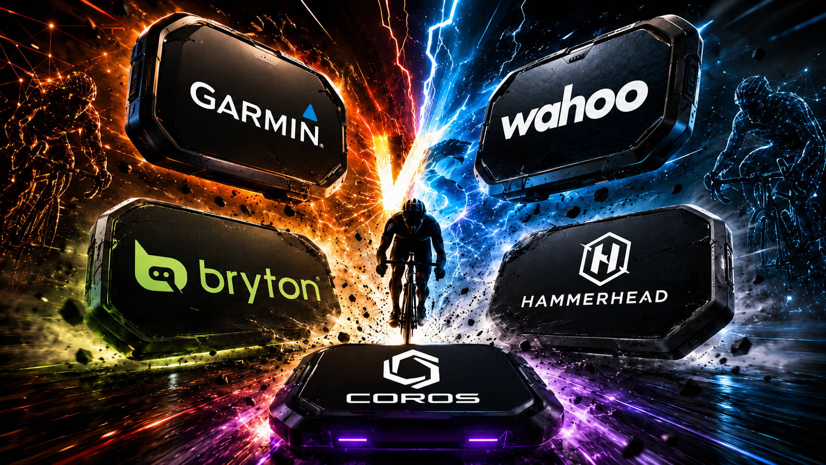 Dynamische reviewafbeelding waarin Garmin, Wahoo, Bryton, Hammerhead en COROS als fietscomputermerken tegenover elkaar staan in een explosieve, futuristische wielerstrijd met lichtflitsen, snelheidseffecten en een centrale wielrenner.