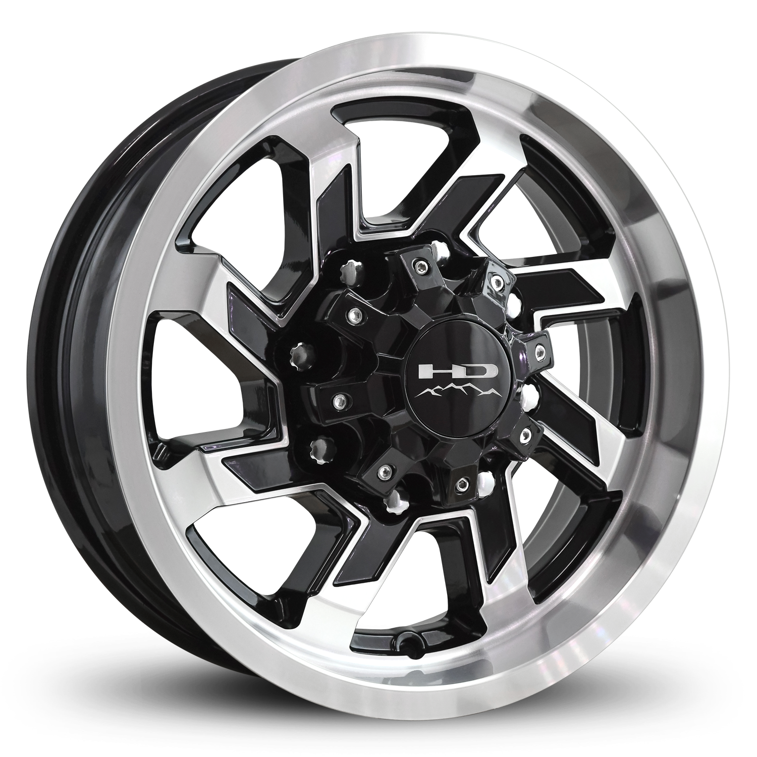HD Off-Road SAW Custom Trailer Wheels in 16x6.0 in 8 lug Gloss Black Machined Face & Lip for Unility, Boat, Car, Construction, Horse, & RV