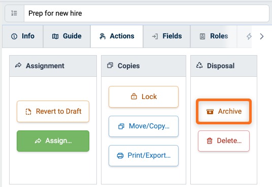 Archive button in the Disposal panel of the Procedure Actions tab