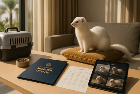 A white ferret sits on a yellow pillow on a wooden table, next to a pet carrier, food bowl, breeder license folder, pedigree chart, and tablet showing past litter photos.