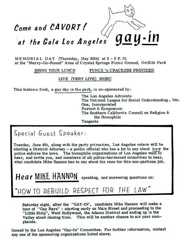 The pamphlet for the first gay in with all the events and speakers listed.