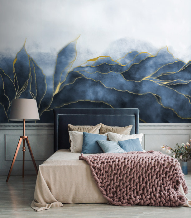blue & gold abstract leaf wallpaper mural hero image