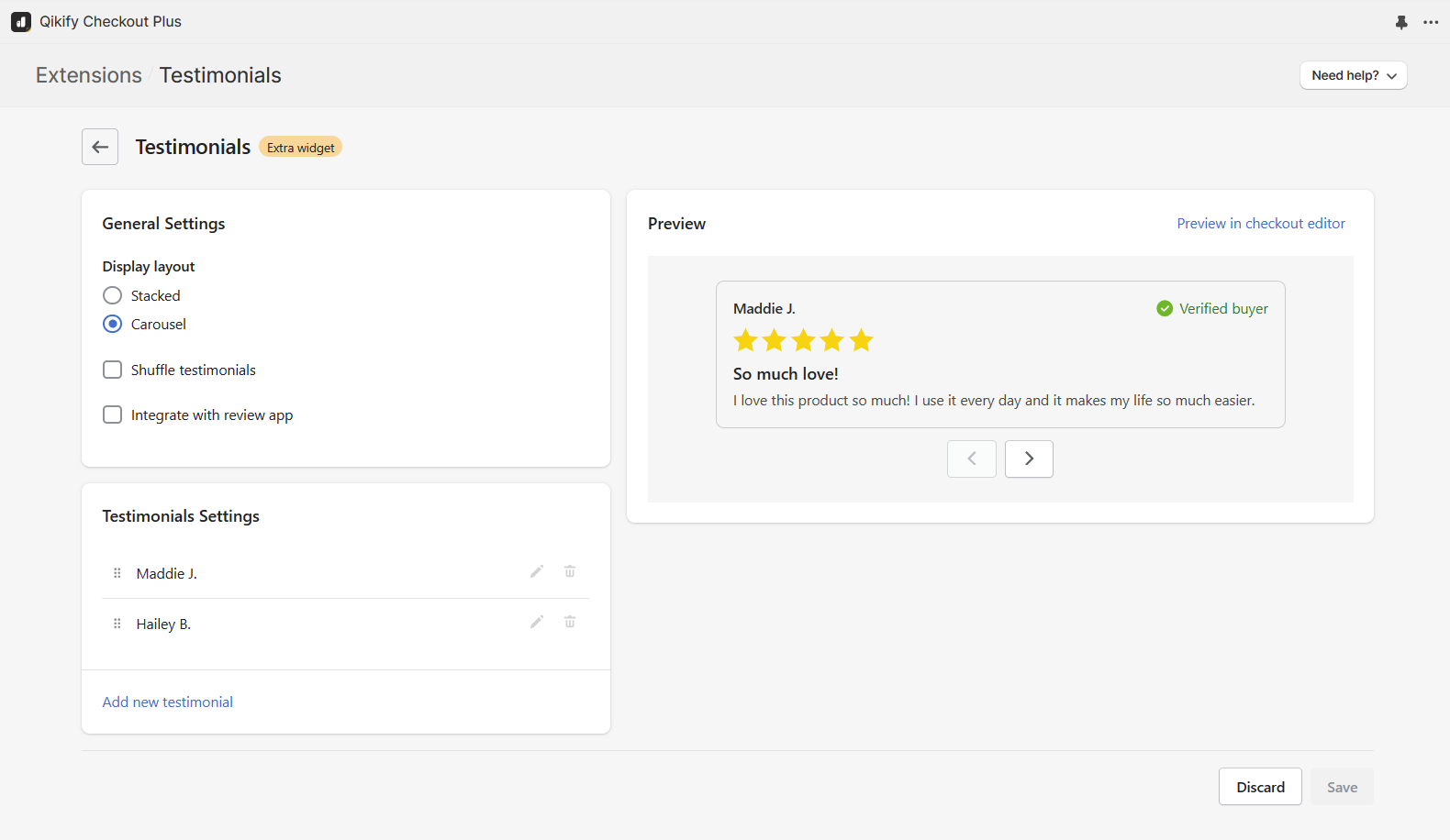 add reviews for testimonials extension in checkout page - shopify checkout customization app